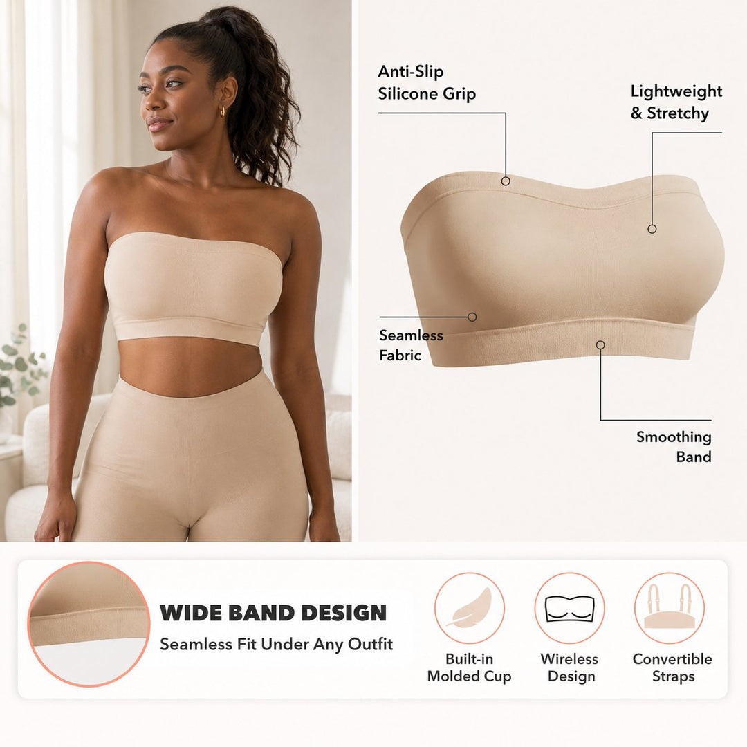 🔥Anti-Slip Grip & Removable Straps✨Convertible Strapless Bandeau Bra with Wireless Comfort👍Suitable for All Body Types