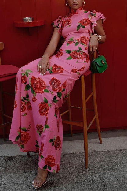 🎉Hot Sale 49% OFF🥳Cheongsam Style Rose Floral Print Tiered Flare Sleeve Stretch Maxi Dress