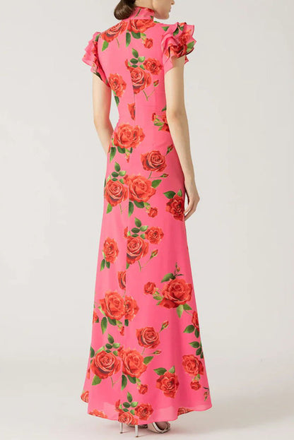 🎉Hot Sale 49% OFF🥳Cheongsam Style Rose Floral Print Tiered Flare Sleeve Stretch Maxi Dress