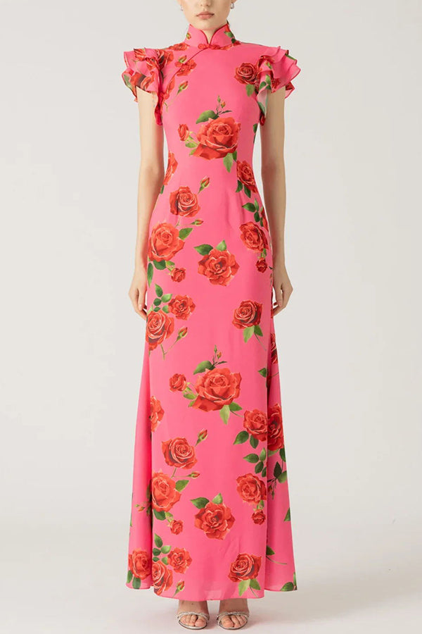 🎉Hot Sale 49% OFF🥳Cheongsam Style Rose Floral Print Tiered Flare Sleeve Stretch Maxi Dress