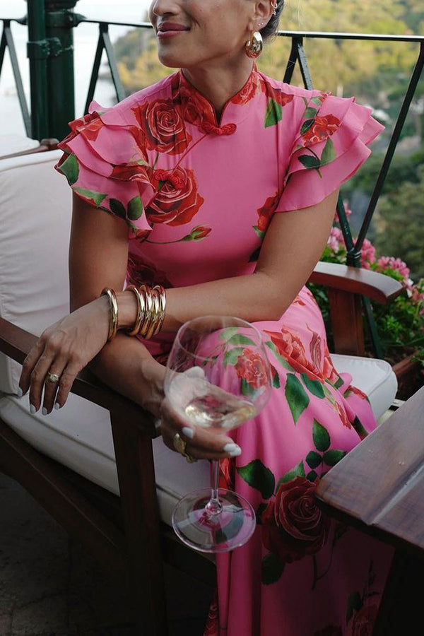 🎉Hot Sale 49% OFF🥳Cheongsam Style Rose Floral Print Tiered Flare Sleeve Stretch Maxi Dress