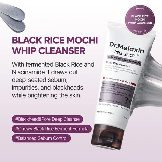 [Dr.melaxin [Offiziell] Peel Shot Black Rice Mochi Whip Cleanser 100ml – entwickelt für Mitesser, verstopfte Poren, überschüssigen Talg und fahle Haut