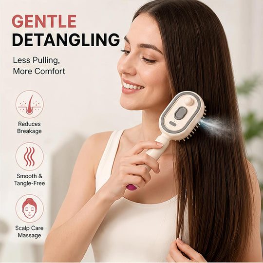 Electric Spray Air Cushion Massage Comb – Self-Cleaning Anti-Tangle Anti-Static Hair Brush | Scalp Massage & Volumizing Brush for Frizzy, Dry Hair Care