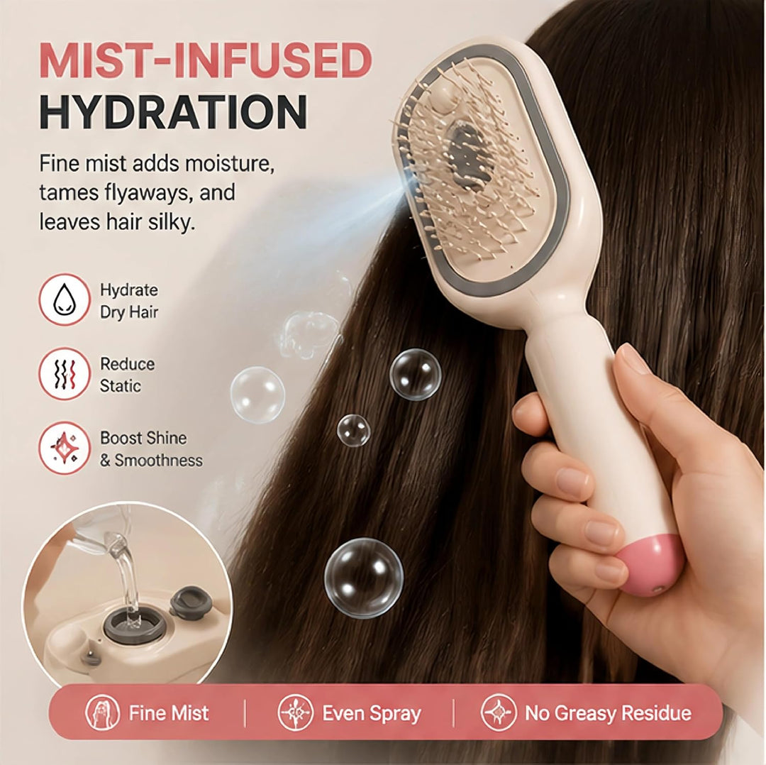 Electric Spray Air Cushion Massage Comb – Self-Cleaning Anti-Tangle Anti-Static Hair Brush | Scalp Massage & Volumizing Brush for Frizzy, Dry Hair Care