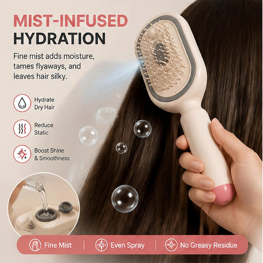 Electric Spray Air Cushion Massage Comb – Self-Cleaning Anti-Tangle Anti-Static Hair Brush | Scalp Massage & Volumizing Brush for Frizzy, Dry Hair Care