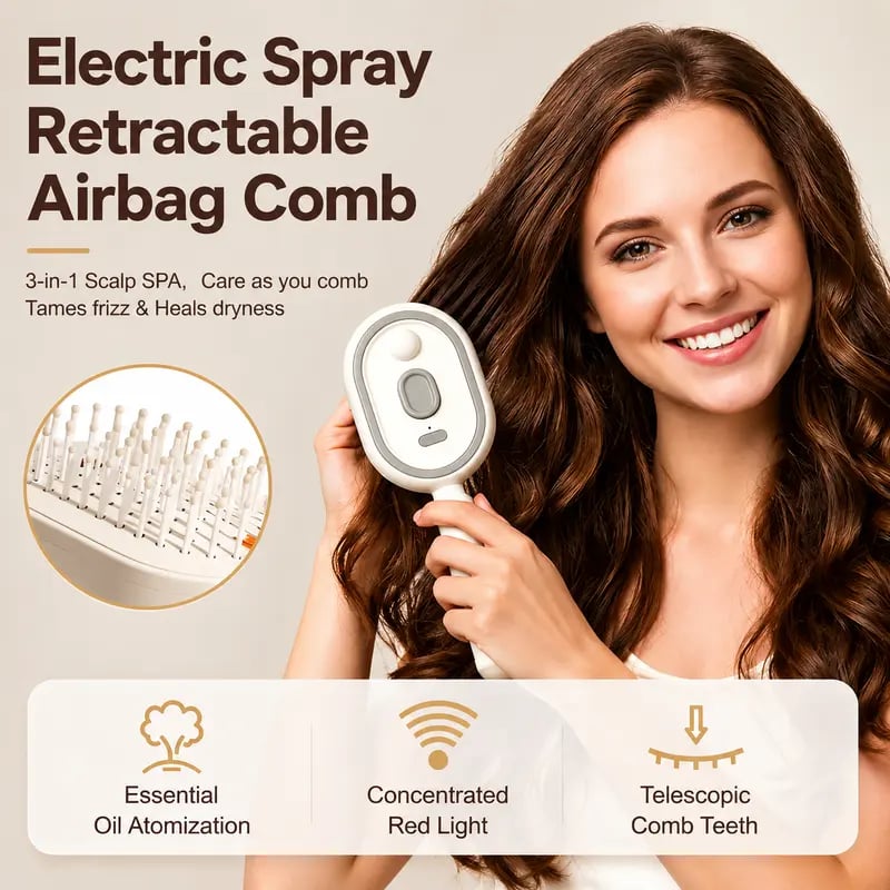 Electric Spray Air Cushion Massage Comb – Self-Cleaning Anti-Tangle Anti-Static Hair Brush | Scalp Massage & Volumizing Brush for Frizzy, Dry Hair Care