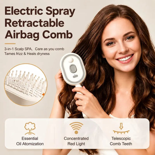 Electric Spray Air Cushion Massage Comb – Self-Cleaning Anti-Tangle Anti-Static Hair Brush | Scalp Massage & Volumizing Brush for Frizzy, Dry Hair Care