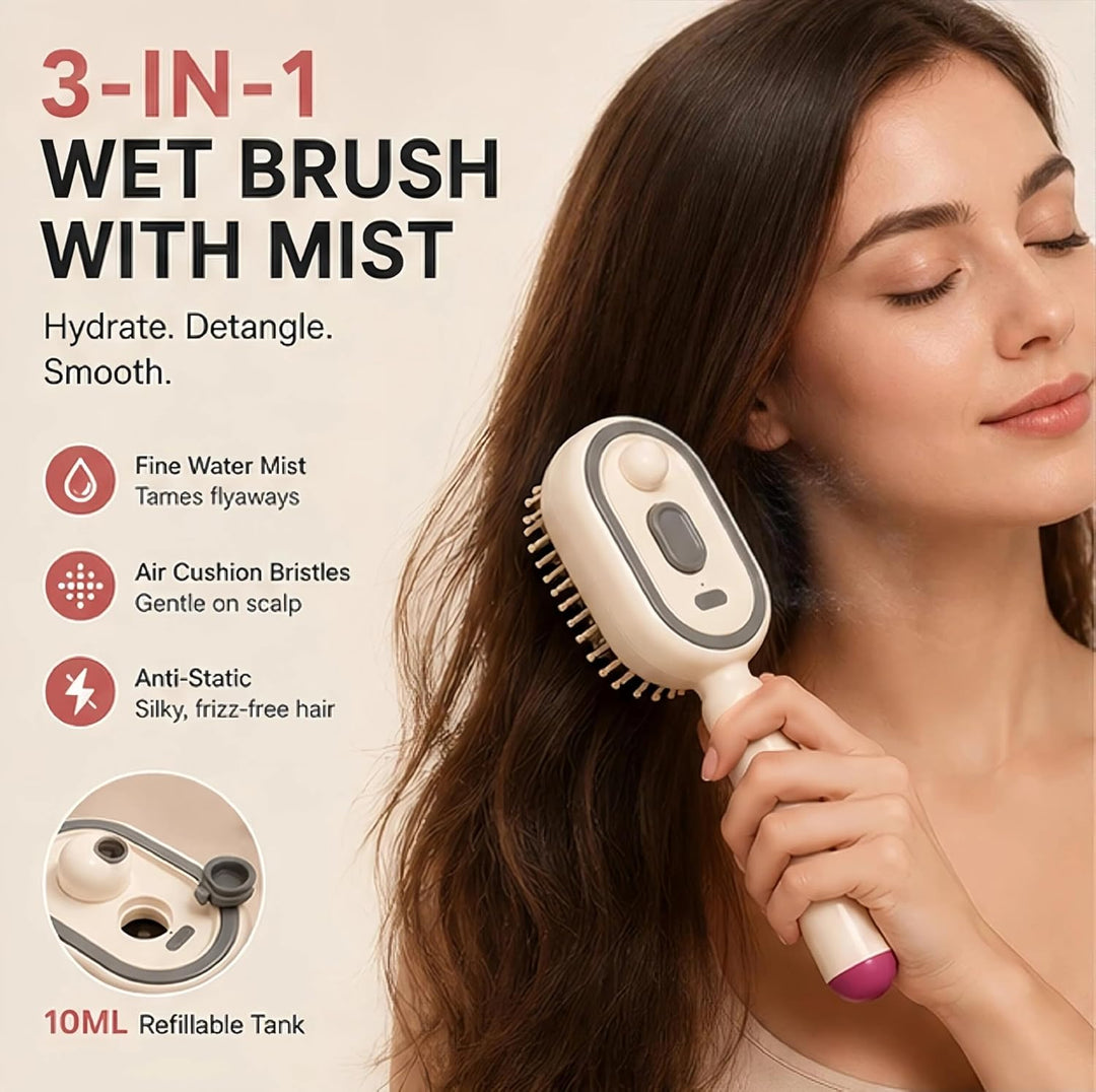Electric Spray Air Cushion Massage Comb – Self-Cleaning Anti-Tangle Anti-Static Hair Brush | Scalp Massage & Volumizing Brush for Frizzy, Dry Hair Care