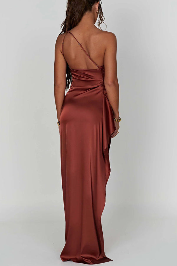 Se adapta a las curvas Satin One Sombe Drape Slit Maxi Vestido