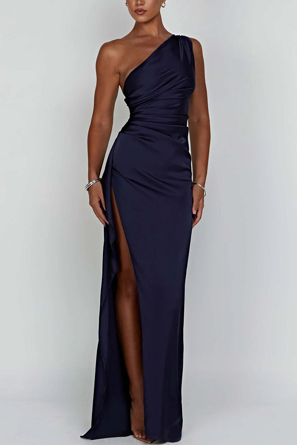 Se adapta a las curvas Satin One Sombe Drape Slit Maxi Vestido