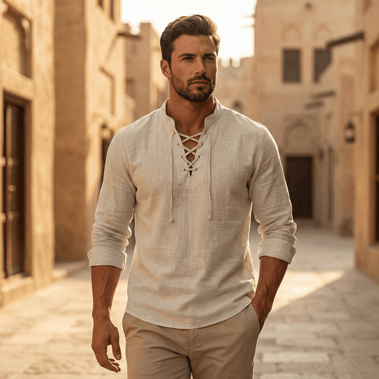 🔥HOT SALE🔥Men's Vintage V-neck T-shirt Linen Pirate Medieval Viking Gothic Tops Shirts Long Sleeved
