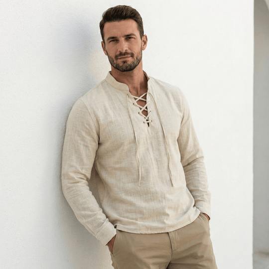 🔥HOT SALE🔥Men's Vintage V-neck T-shirt Linen Pirate Medieval Viking Gothic Tops Shirts Long Sleeved
