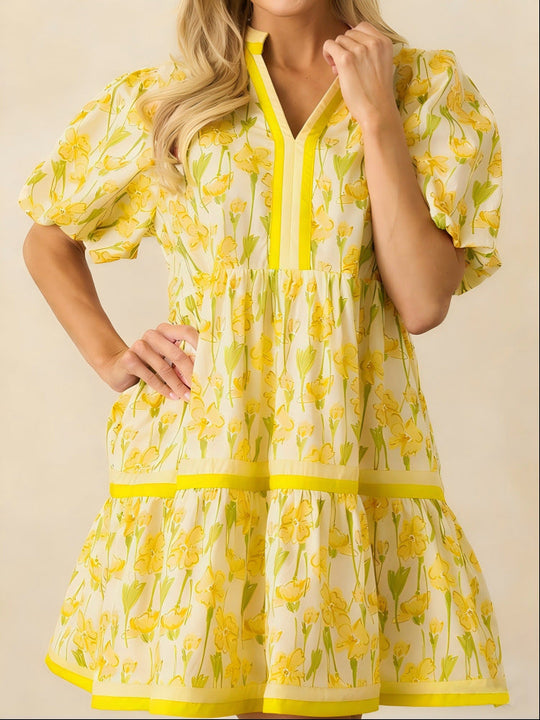 ⏰Summer Hot Sale 50% OFF💃Women's V Neck Floral Short Puff Sleeve Patchwork Casual Boho Mini Dress👍✨Soft Fabric & Comfortable Fit