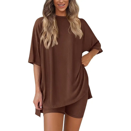 PRETTYGARDEN Crewneck Two-Piece Set For Women Summer Casual Oversized Split Hem Shirts & Side Pocket Biker Shorts Minimalist Lounge Wear Soft Viscose Fabric Comfy Homewear Cozy Pjs