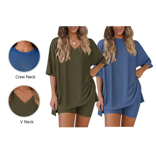 PRETTYGARDEN Crewneck Two-Piece Set For Women Summer Casual Oversized Split Hem Shirts & Side Pocket Biker Shorts Minimalist Lounge Wear Soft Viscose Fabric Comfy Homewear Cozy Pjs