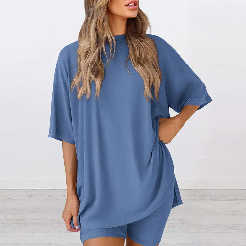 PRETTYGARDEN Crewneck Two-Piece Set For Women Summer Casual Oversized Split Hem Shirts & Side Pocket Biker Shorts Minimalist Lounge Wear Soft Viscose Fabric Comfy Homewear Cozy Pjs
