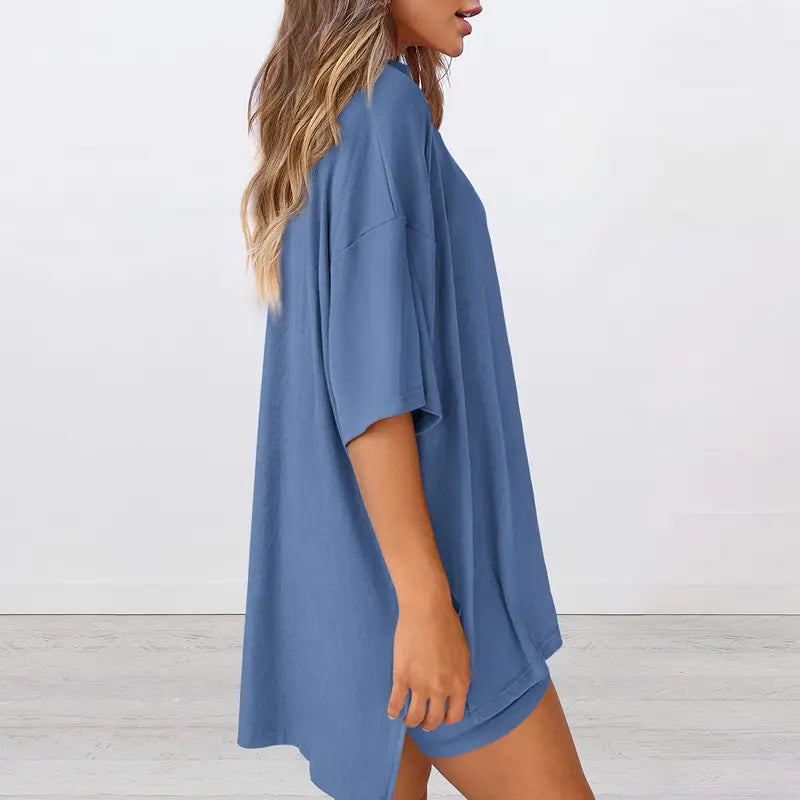 PRETTYGARDEN Crewneck Two-Piece Set For Women Summer Casual Oversized Split Hem Shirts & Side Pocket Biker Shorts Minimalist Lounge Wear Soft Viscose Fabric Comfy Homewear Cozy Pjs