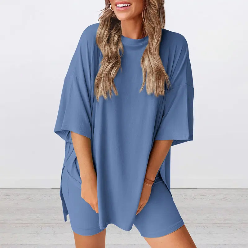 PRETTYGARDEN Crewneck Two-Piece Set For Women Summer Casual Oversized Split Hem Shirts & Side Pocket Biker Shorts Minimalist Lounge Wear Soft Viscose Fabric Comfy Homewear Cozy Pjs