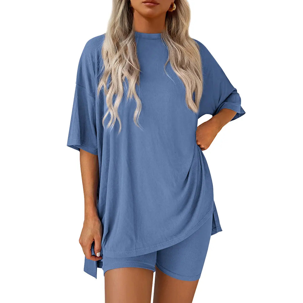 PRETTYGARDEN Crewneck Two-Piece Set For Women Summer Casual Oversized Split Hem Shirts & Side Pocket Biker Shorts Minimalist Lounge Wear Soft Viscose Fabric Comfy Homewear Cozy Pjs