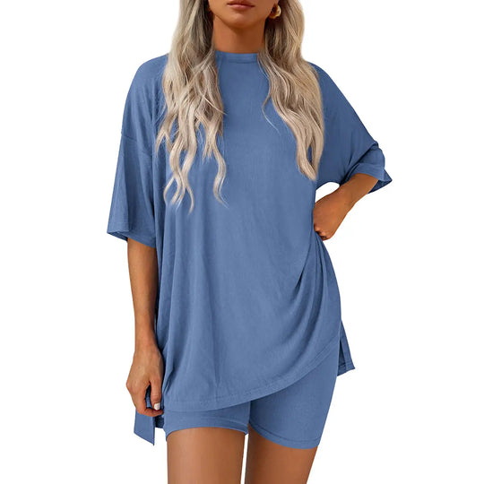 PRETTYGARDEN Crewneck Two-Piece Set For Women Summer Casual Oversized Split Hem Shirts & Side Pocket Biker Shorts Minimalist Lounge Wear Soft Viscose Fabric Comfy Homewear Cozy Pjs