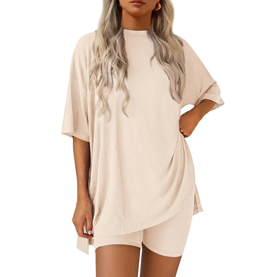PRETTYGARDEN Crewneck Two-Piece Set For Women Summer Casual Oversized Split Hem Shirts & Side Pocket Biker Shorts Minimalist Lounge Wear Soft Viscose Fabric Comfy Homewear Cozy Pjs