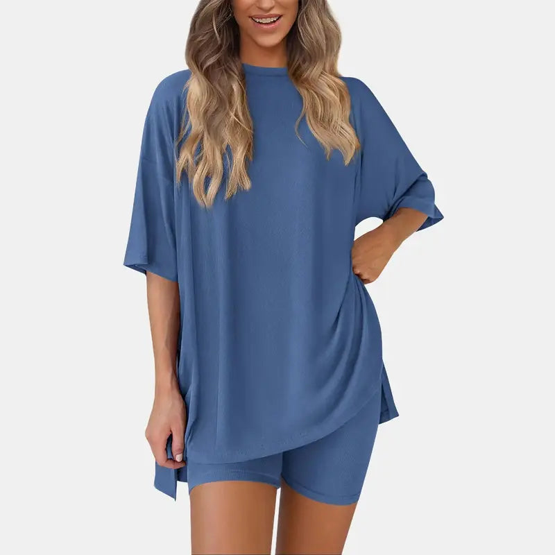 PRETTYGARDEN Crewneck Two-Piece Set For Women Summer Casual Oversized Split Hem Shirts & Side Pocket Biker Shorts Minimalist Lounge Wear Soft Viscose Fabric Comfy Homewear Cozy Pjs