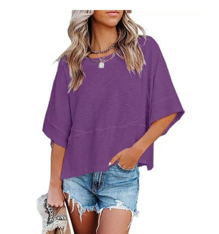 ✨2026 HOT SALE 50% OFF💃🌸Women's Solid Color Splicing Loose Five Points Flare Sleeve T-Shirt