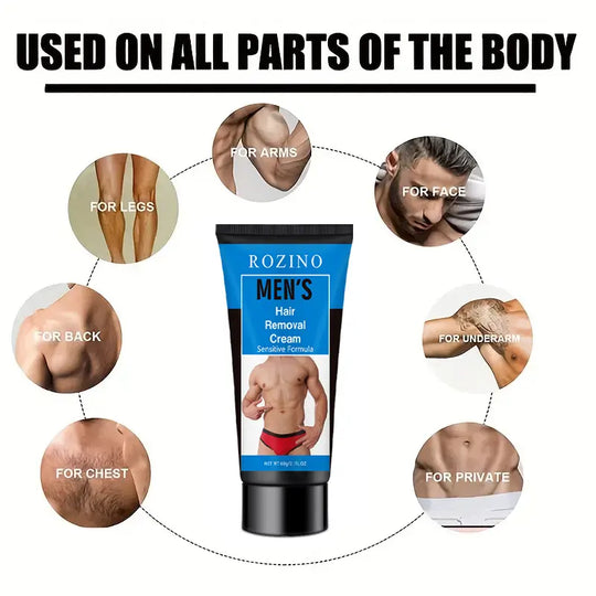 ROZINO Men's Sensitive Skin Hair Removal Cream - Gentle Formula for Smooth & Flawless Results - 60g Portable Tube - Alcohol-Free & Fragrance-Free - Quick & Painless Hair Management - Body Care Daily