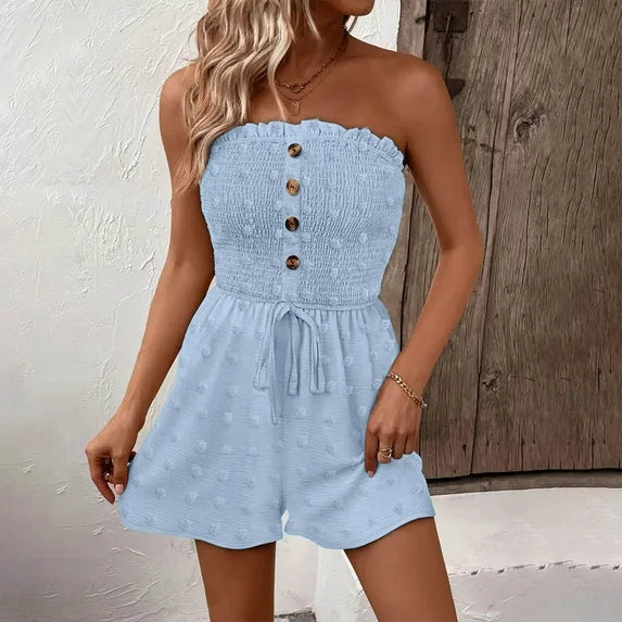 👗 LIMITED-TIME 50% OFF! 💐Women's Strapless Frill Trim Shirred Tie Front Wide Leg Tube Romper