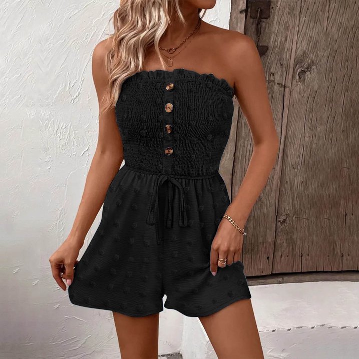 👗 LIMITED-TIME 50% OFF! 💐Women's Strapless Frill Trim Shirred Tie Front Wide Leg Tube Romper