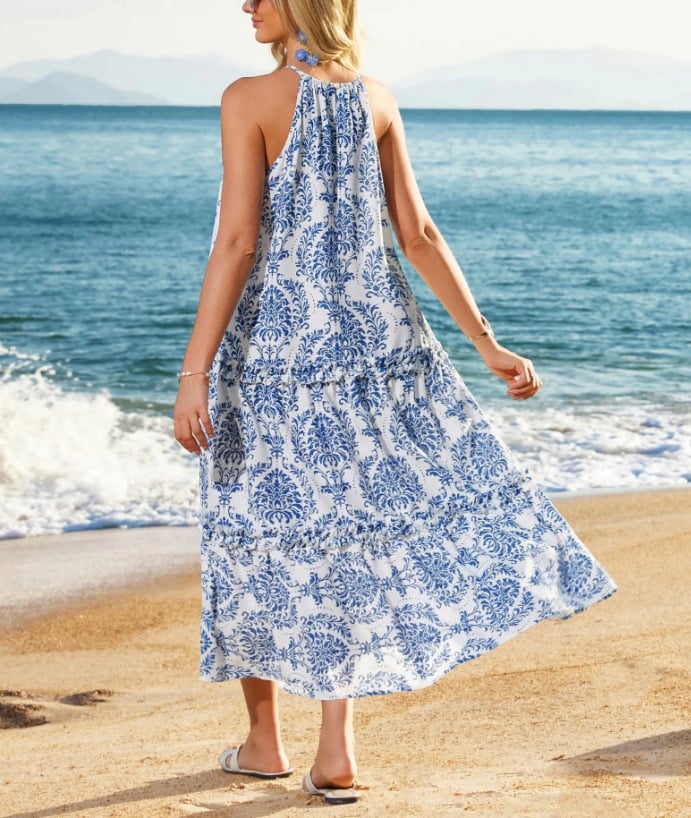 Women's Boho Casual Summer Floral Halter Tiered Beach Dress
