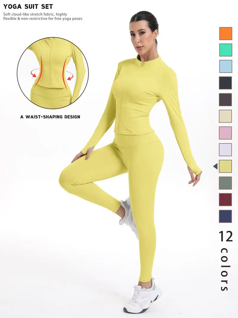 Women's Sporty Quick-Dry Two-Piece Set, New Fashion Slim Fit Yoga Pants, High Elasticity Long Sleeve Top, 12 Colors Available
