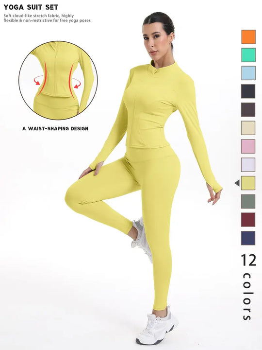 Women's Sporty Quick-Dry Two-Piece Set, New Fashion Slim Fit Yoga Pants, High Elasticity Long Sleeve Top, 12 Colors Available