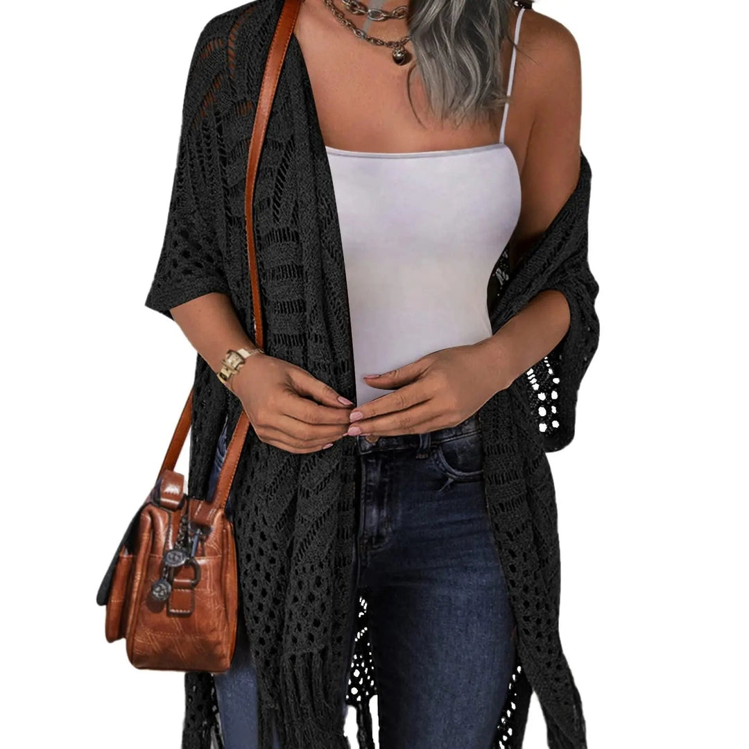 Women’s Oversized Knit Cardigan – Lightweight Crochet Tassel Kimono for Spring & Summer 🌸