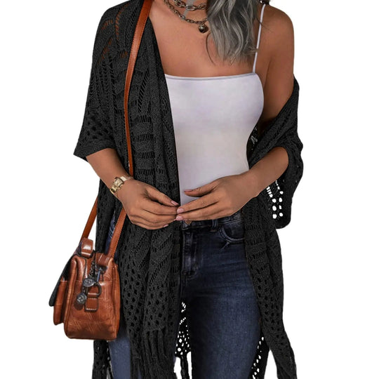Women’s Oversized Knit Cardigan – Lightweight Crochet Tassel Kimono for Spring & Summer 🌸