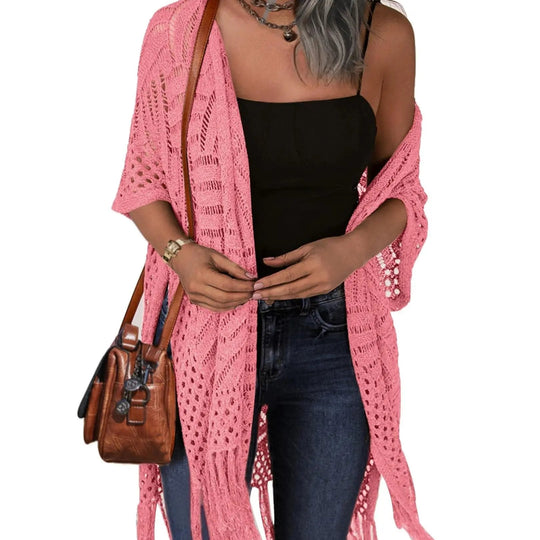 Women’s Oversized Knit Cardigan – Lightweight Crochet Tassel Kimono for Spring & Summer 🌸