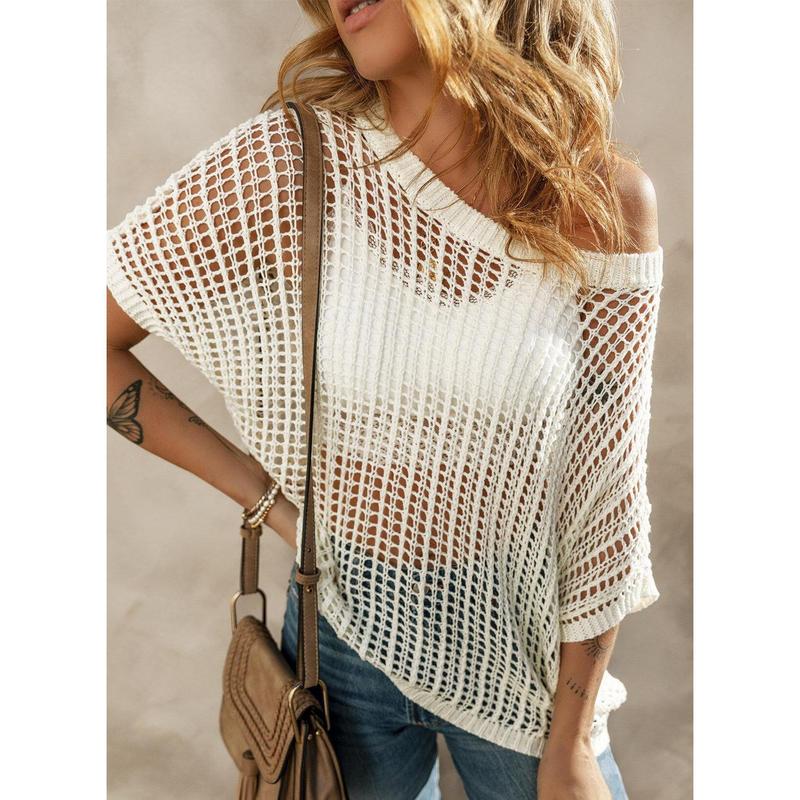 Womens Summer Scoop Neck ShortSleeve Sweater Casual Crochet Hollow Out Knit Top