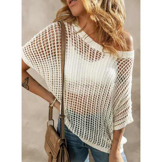 Womens Summer Scoop Neck ShortSleeve Sweater Casual Crochet Hollow Out Knit Top