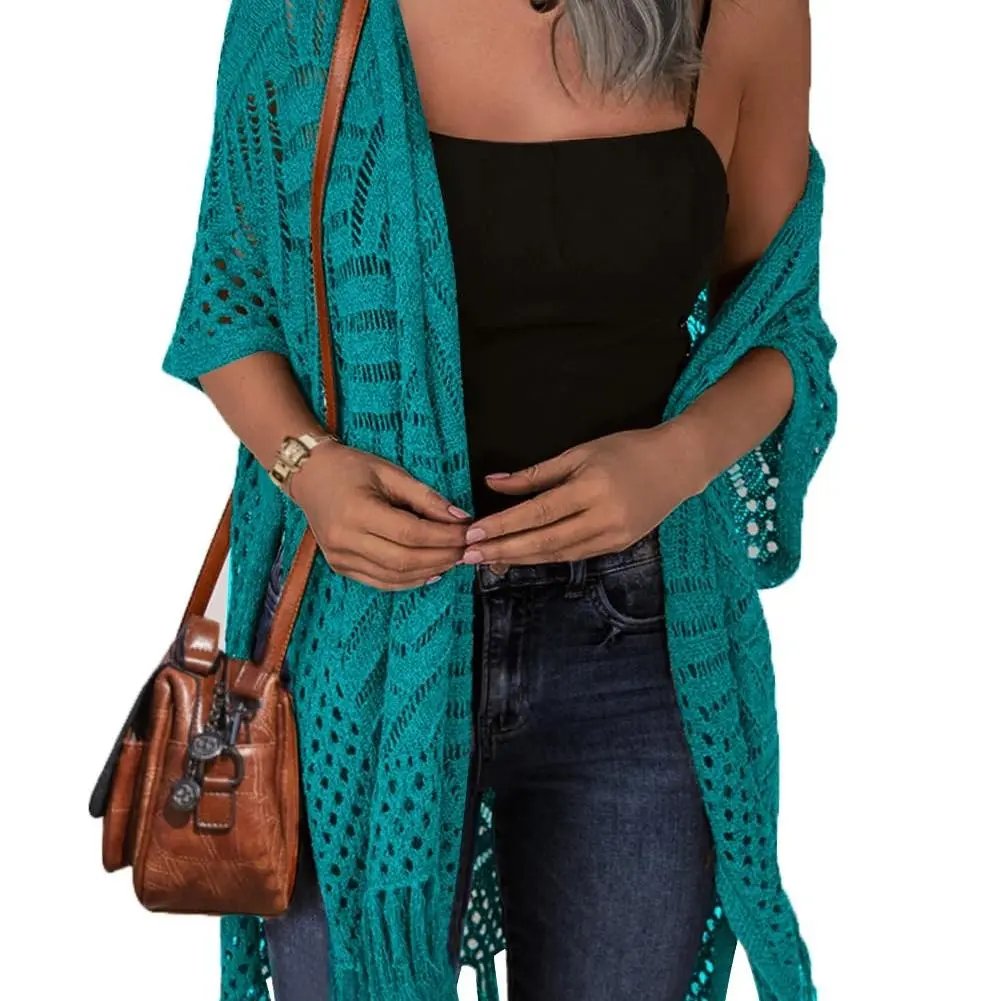 Women’s Oversized Knit Cardigan – Lightweight Crochet Tassel Kimono for Spring & Summer 🌸