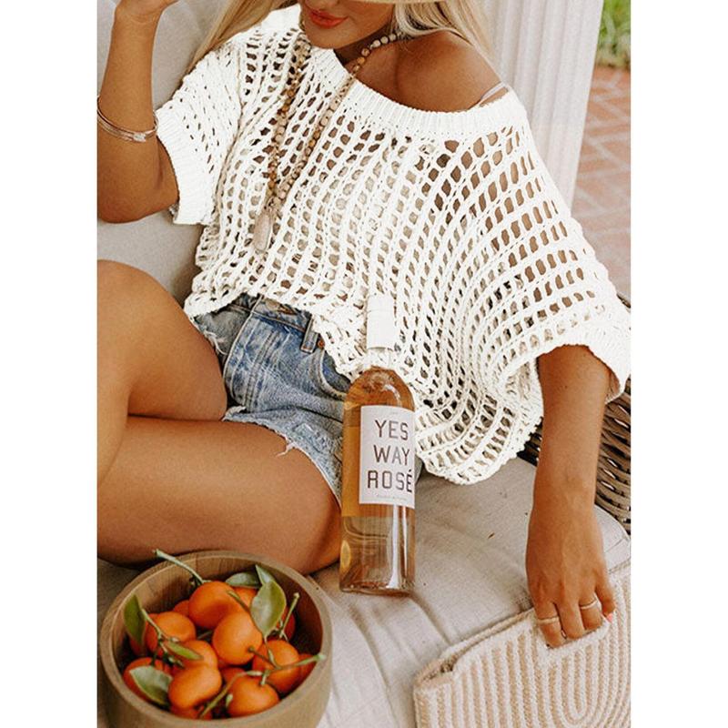 Womens Summer Scoop Neck ShortSleeve Sweater Casual Crochet Hollow Out Knit Top