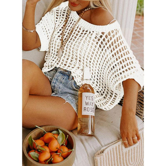 Womens Summer Scoop Neck ShortSleeve Sweater Casual Crochet Hollow Out Knit Top