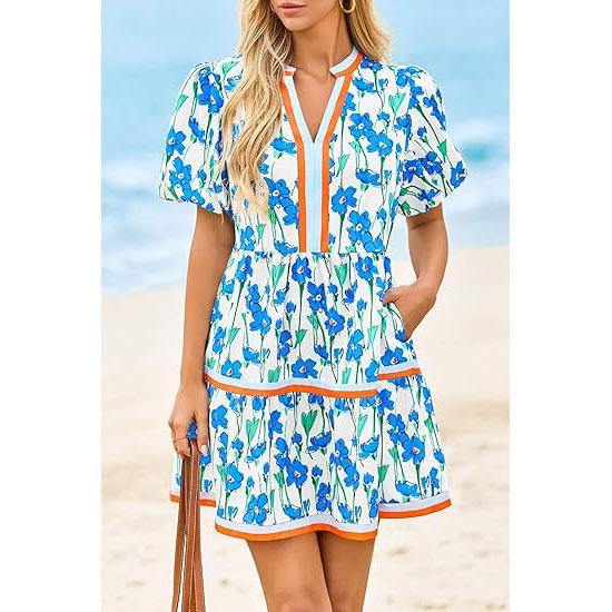 ⏰Summer Hot Sale 50% OFF💃Women's V Neck Floral Short Puff Sleeve Patchwork Casual Boho Mini Dress👍✨Soft Fabric & Comfortable Fit