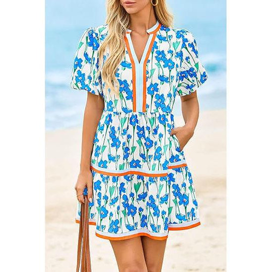 ⏰Summer Hot Sale 50% OFF💃Women's V Neck Floral Short Puff Sleeve Patchwork Casual Boho Mini Dress👍✨Soft Fabric & Comfortable Fit