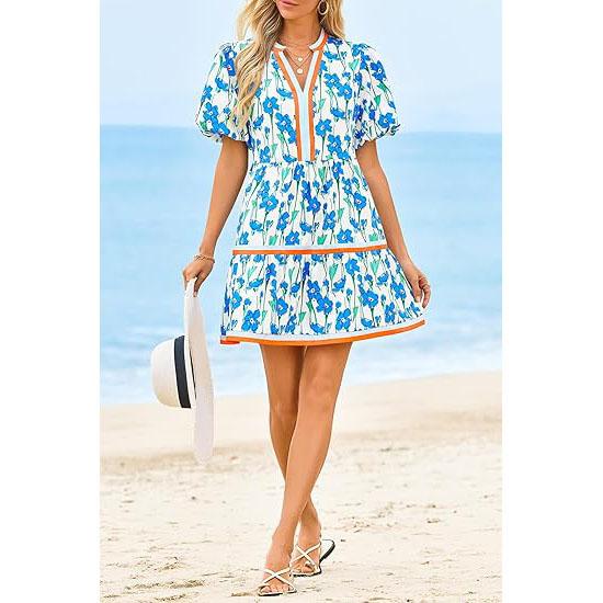 ⏰Summer Hot Sale 50% OFF💃Women's V Neck Floral Short Puff Sleeve Patchwork Casual Boho Mini Dress👍✨Soft Fabric & Comfortable Fit