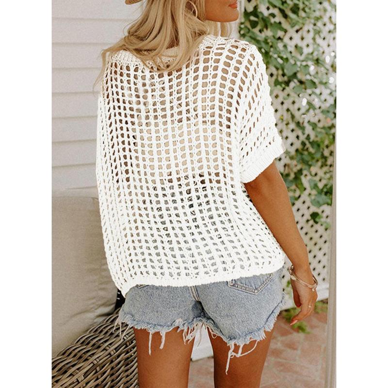Womens Summer Scoop Neck ShortSleeve Sweater Casual Crochet Hollow Out Knit Top