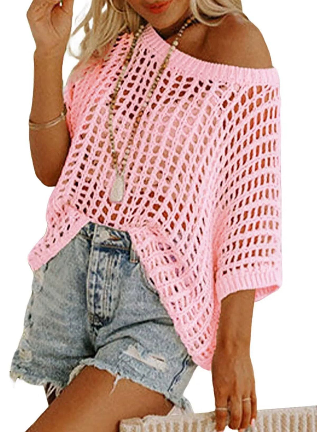 Womens Summer Scoop Neck ShortSleeve Sweater Casual Crochet Hollow Out Knit Top