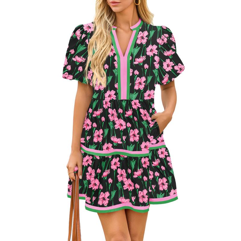 ⏰Summer Hot Sale 50% OFF💃Women's V Neck Floral Short Puff Sleeve Patchwork Casual Boho Mini Dress👍✨Soft Fabric & Comfortable Fit