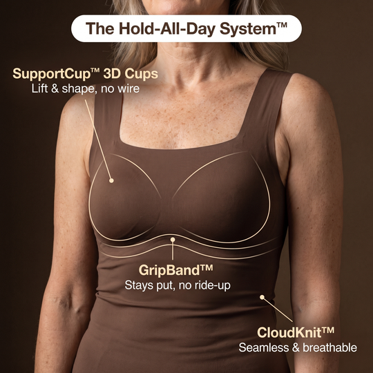 The Hold-All-Day System: two molded 3D cups sewn in on all four sides, a soft band under the bust, seamless breathable knit