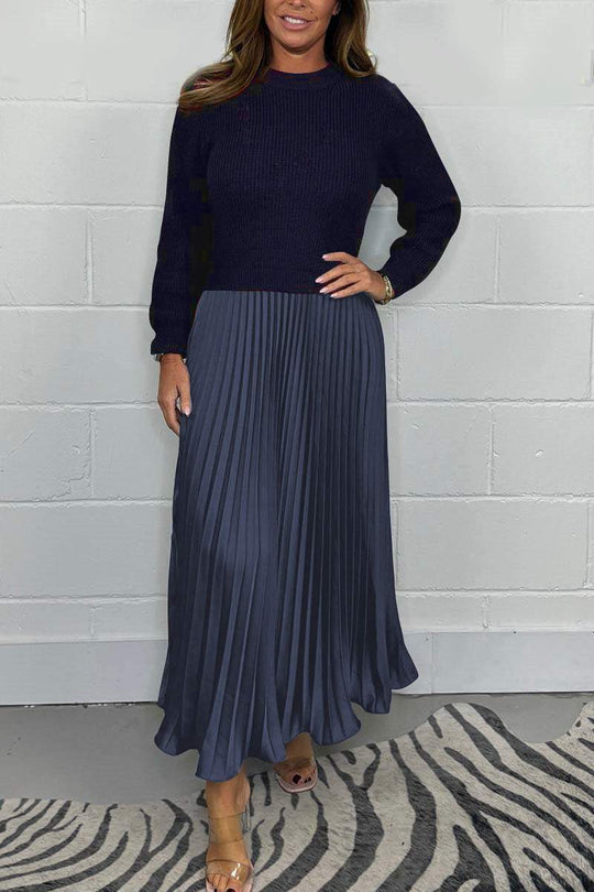 🔥Women's solid color Long Sleeve Jumper & Pleated Bottom Dress