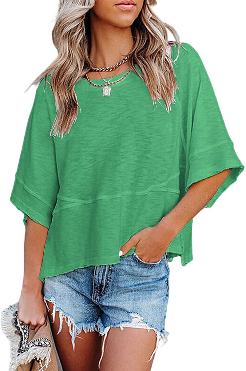 ✨2026 HOT SALE 50% OFF💃🌸Women's Solid Color Splicing Loose Five Points Flare Sleeve T-Shirt